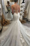 BMbride Fabulous Floor Length Sweetheart Sleeveless Mermaid Wedding Dress with Lace BMbride