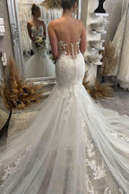BMbride Fabulous Floor Length Sweetheart Sleeveless Mermaid Wedding Dress with Lace BMbride