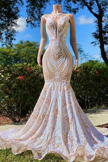 Fabulous High Neck Lace Floor-length Mermaid Prom Dresses for a Graceful Entrance BM bride
