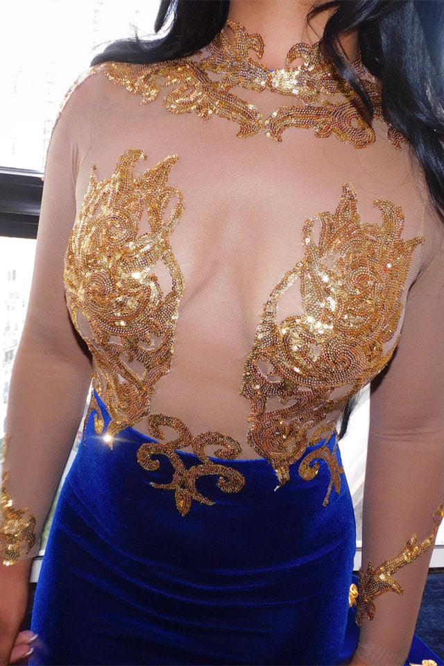 BMbride Fabulous High-neck Transparent lace Long Sleeve Appliques Lace Mermaid Prom Dresses BMbride