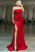 Strapless Sleeveless Mermaid High Split Long Prom Dress With Pleated