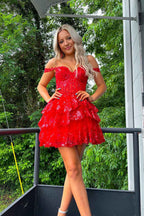 Sparkly Fuchsia Tiered Lace A-Line Short Homecoming Dress Bmbride