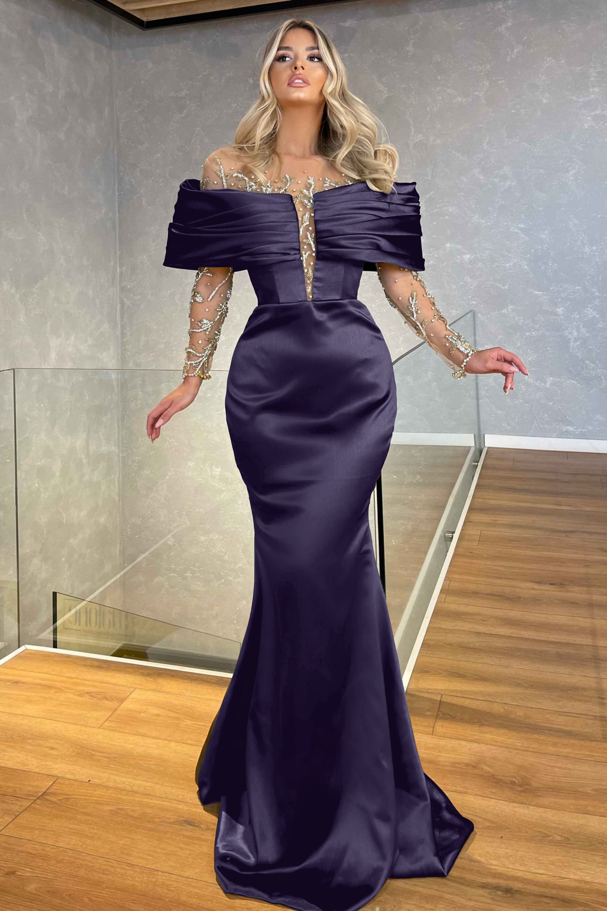 Green Prom Dress Off the Shoulder Long Sleeves Beading Embellished BMBRIDE