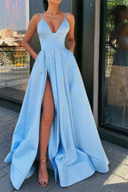 Spaghetti Strap Sleeveless V Neck Long Prom Dress Front Split With Pockets