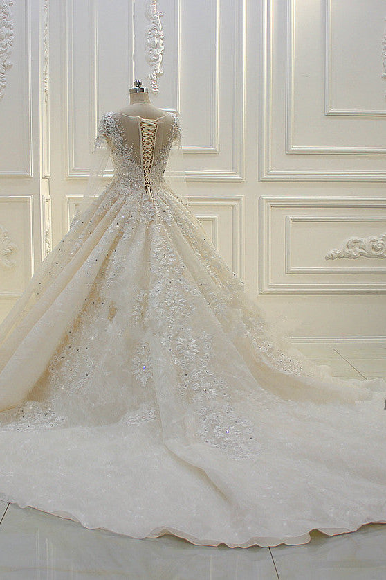 Bateau Long Sleeve Beaded Ball Gown Wedding Dress with Lace Appliques BM bride