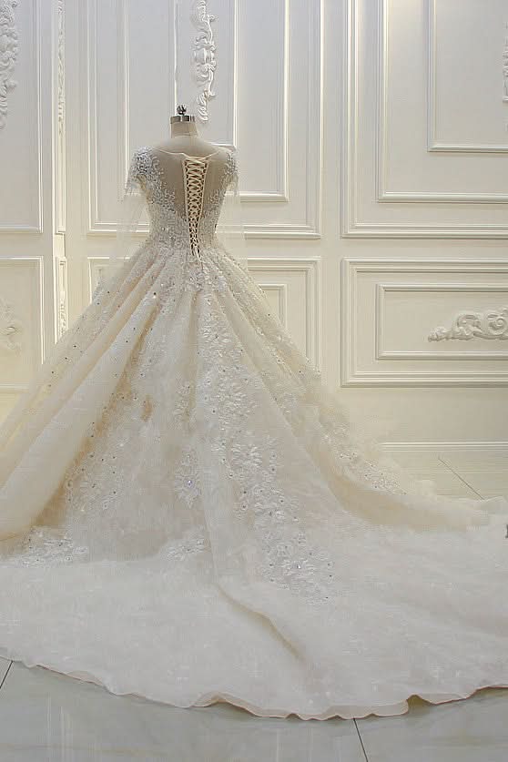 Bateau Long Sleeve Beaded Ball Gown Wedding Dress with Lace Appliques BM bride