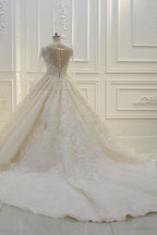 Bateau Long Sleeve Beaded Ball Gown Wedding Dress with Lace Appliques BM bride