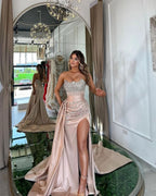 Lotus Root Pink Long Mermaid Satin Prom Dress with Trail, Beadings, Sleeveless BM bride