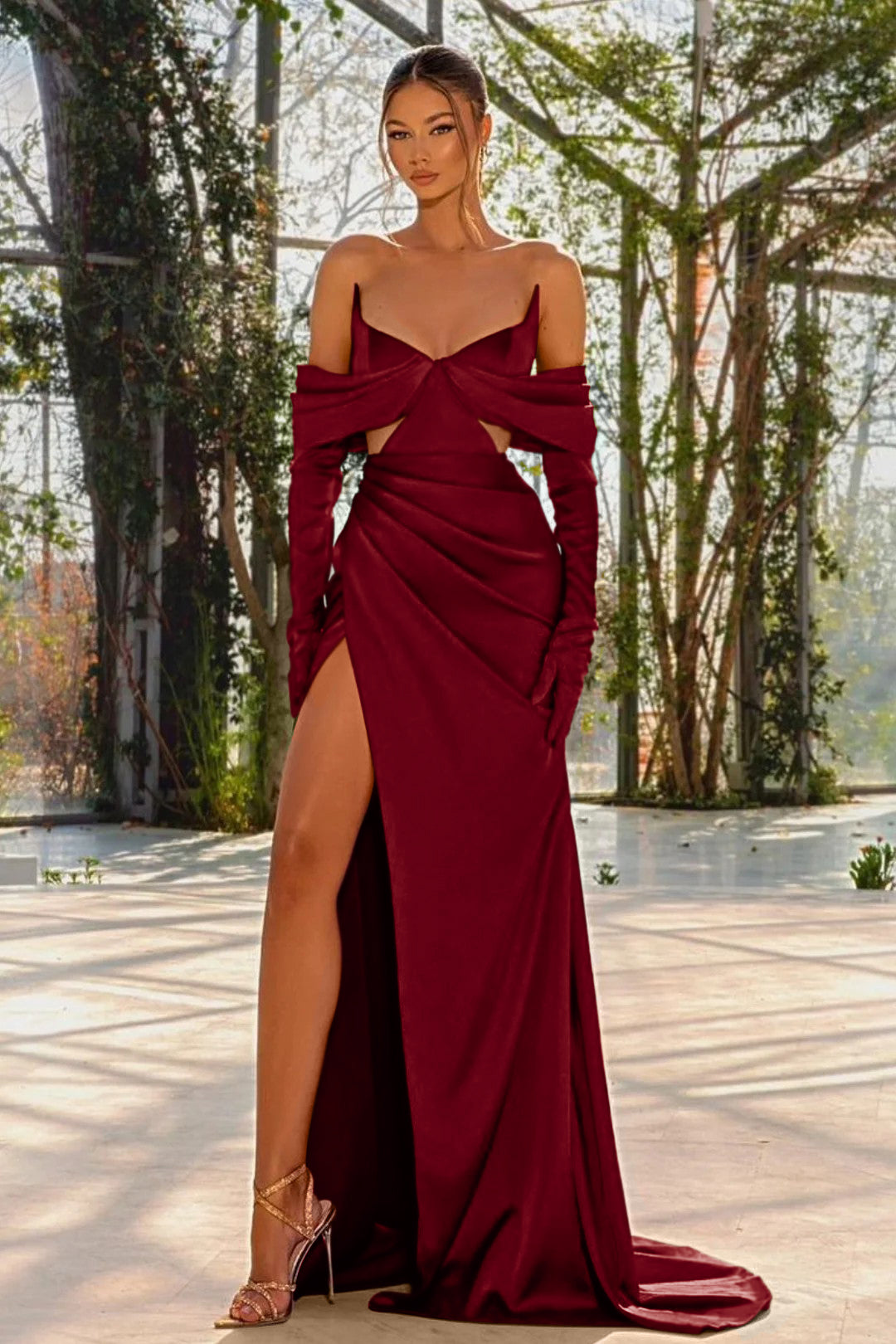 Off the Shoulder Prom Dress Red Half Sleeves With Slit Pleated Gloves BMBRIDE