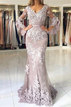 BMbride Fashion Evening Dresses Long Lace With Sleeves Floor-Length Evening Wear Prom Dresses BMbride