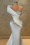 BMbride Fashionable Long White One Shoulder Mermaid Lace Satin Prom Dress with Rhinestones BMbride