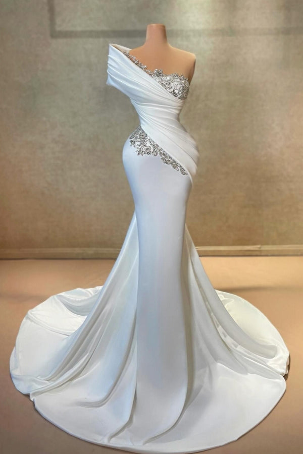 BMbride Fashionable Long White One Shoulder Mermaid Lace Satin Prom Dress with Rhinestones BMbride