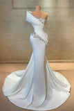 BMbride Fashionable Long White One Shoulder Mermaid Lace Satin Prom Dress with Rhinestones BMbride