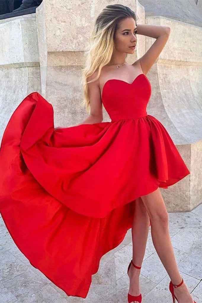 Sweetheart Strapless Sleeveless Hi-Lo Short Prom Dress Red With Ruffles