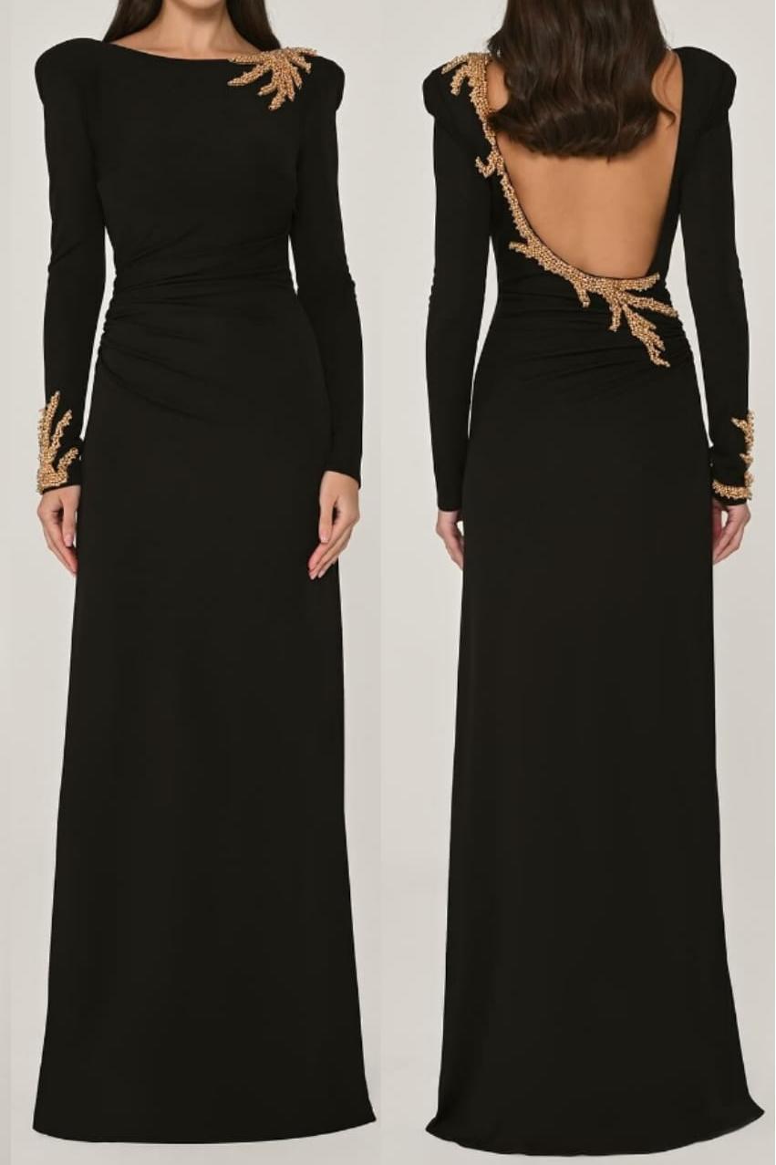 Long Sleeves Long Backless Prom Dress With Appliques Pleated BMBRIDE