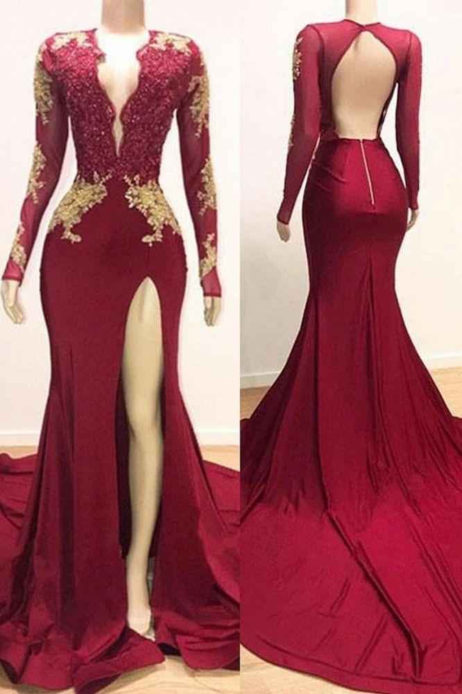 Long Sleeves Mermaid High Split Backless Prom Dress With Lace Appliques