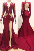 Long Sleeves Mermaid High Split Backless Prom Dress With Lace Appliques