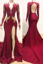 Long Sleeves Mermaid High Split Backless Prom Dress With Lace Appliques
