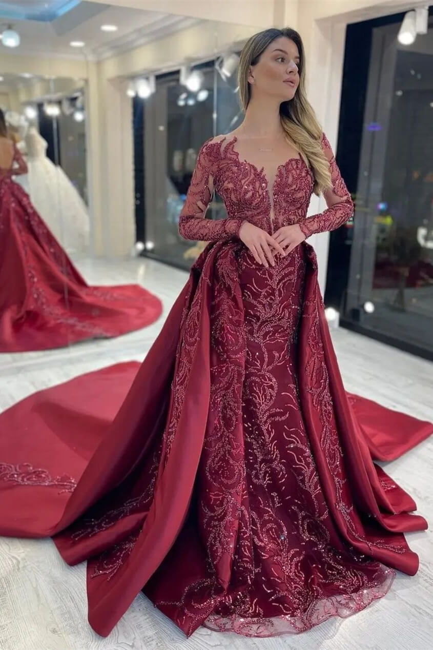 Elegant Rose Long Sleeve Mermaid Evening Dress with Appliqued Sequins BM bride