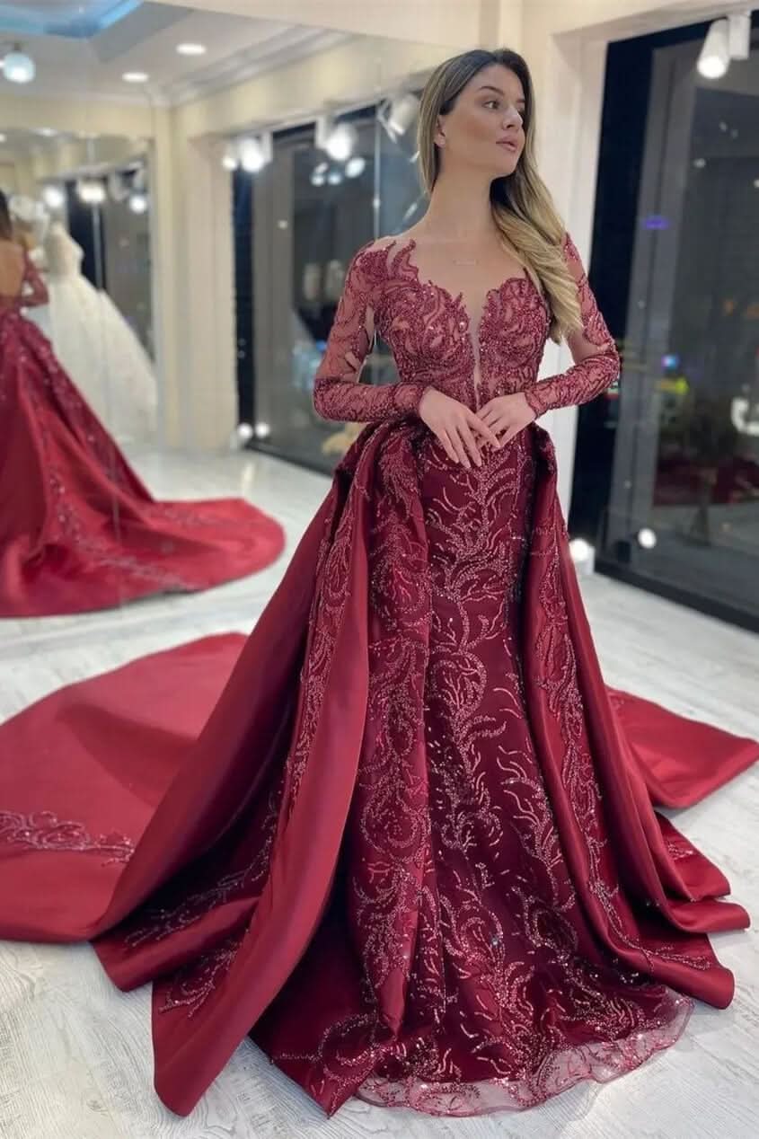 Elegant Rose Long Sleeve Mermaid Evening Dress with Appliqued Sequins BM bride