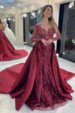 Elegant Rose Long Sleeve Mermaid Evening Dress with Appliqued Sequins BM bride
