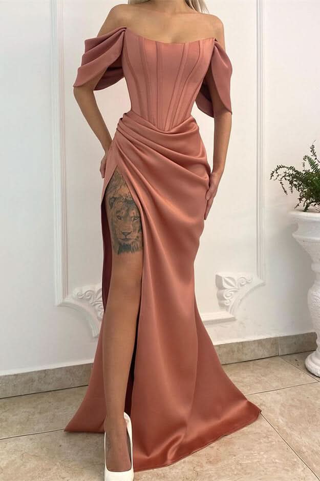 Off-the-Shoulder Long Mermaid Prom Dress with Split BM bride