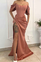 Chic Mermaid Sleeveless Off the Shoulder Long Pleated Prom Dress With Split