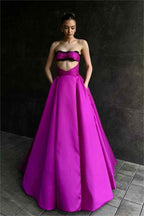 Charming Fuchsia Strapless Lace Sleeveless A Line Long Prom Dress With Bowknot