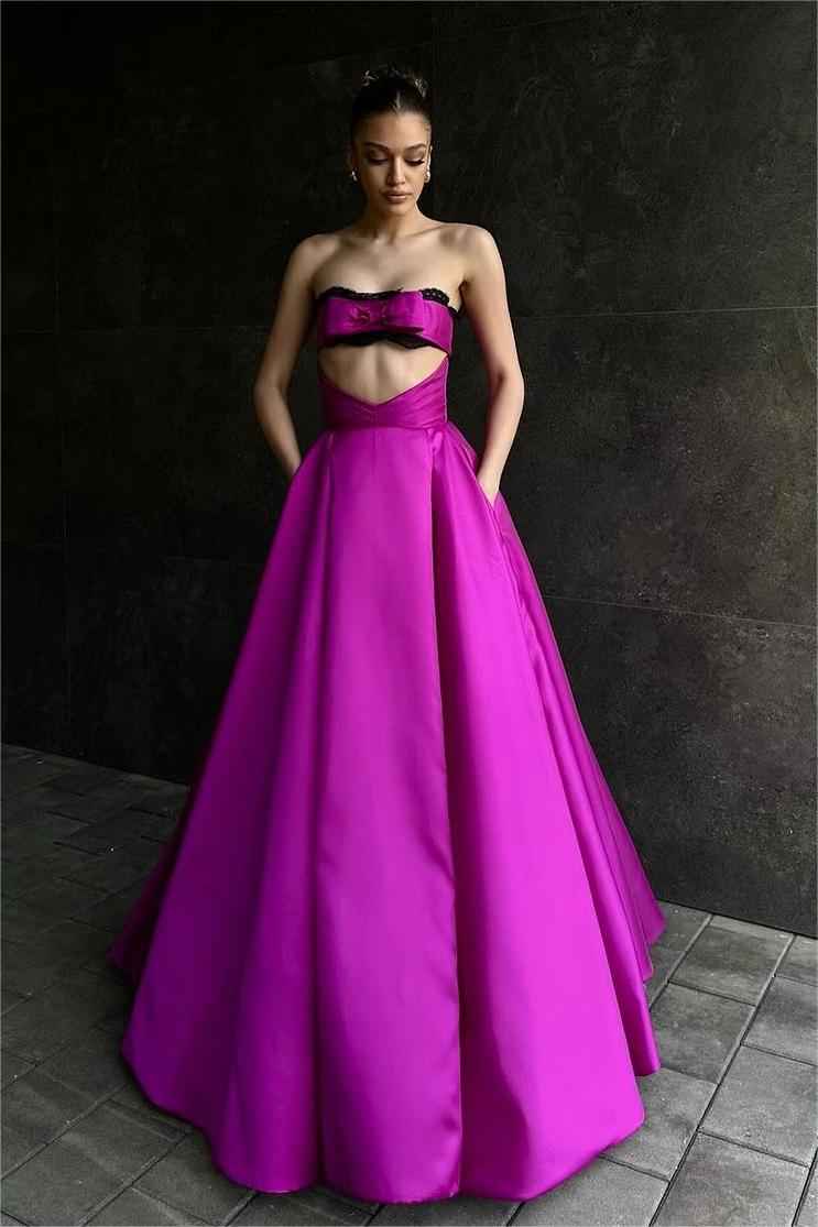Charming Fuchsia Strapless Lace Sleeveless A Line Long Prom Dress With Bowknot