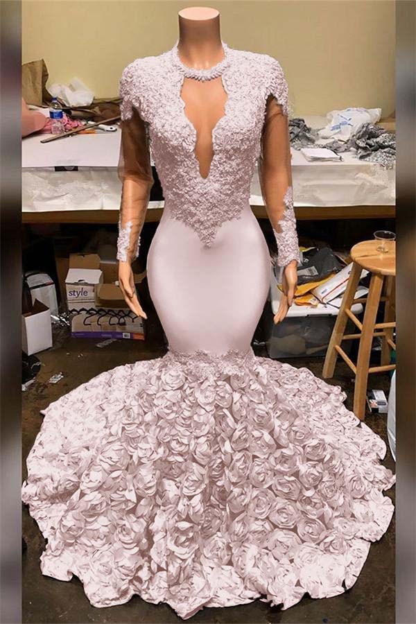 Elegant Mermaid V Neck Prom Dress Appliques Long Sleeves With Flowers Bottom BMBRIDE