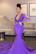 Long Sleeves V-Neck Mermaid Prom Dress with Lace Appliques BM bride