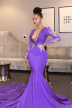 Long Sleeves V-Neck Mermaid Prom Dress with Lace Appliques BM bride