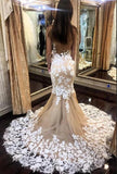 Vintage Off-the-Shoulder Backless Floor-Length Mermaid Wedding Dress with Lace Appliques BM bride