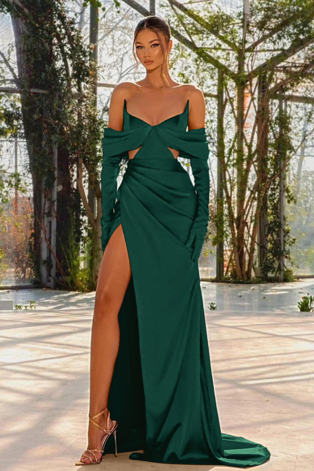 Off the Shoulder Prom Dress Red Half Sleeves With Slit Pleated Gloves BMBRIDE