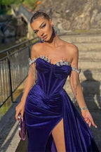 Velvet Off-the-Shoulder Beads Split Mermaid Prom Dress with Ruffles BM bride