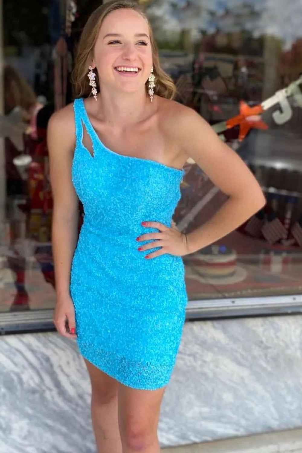Orange Open Back One Shoulder Sequins Tight Homecoming Dress Bmbride