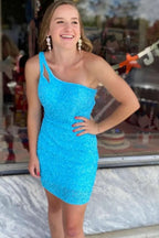 Sparkly Yellow Open Back One Shoulder Sequins Tight Homecoming Dress
