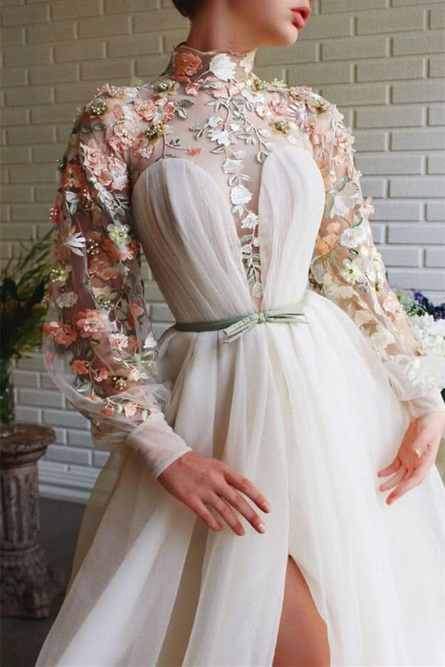 White High Collar Mermaid Evening Dress with Long Sleeves, Flowers, and Split BM bride