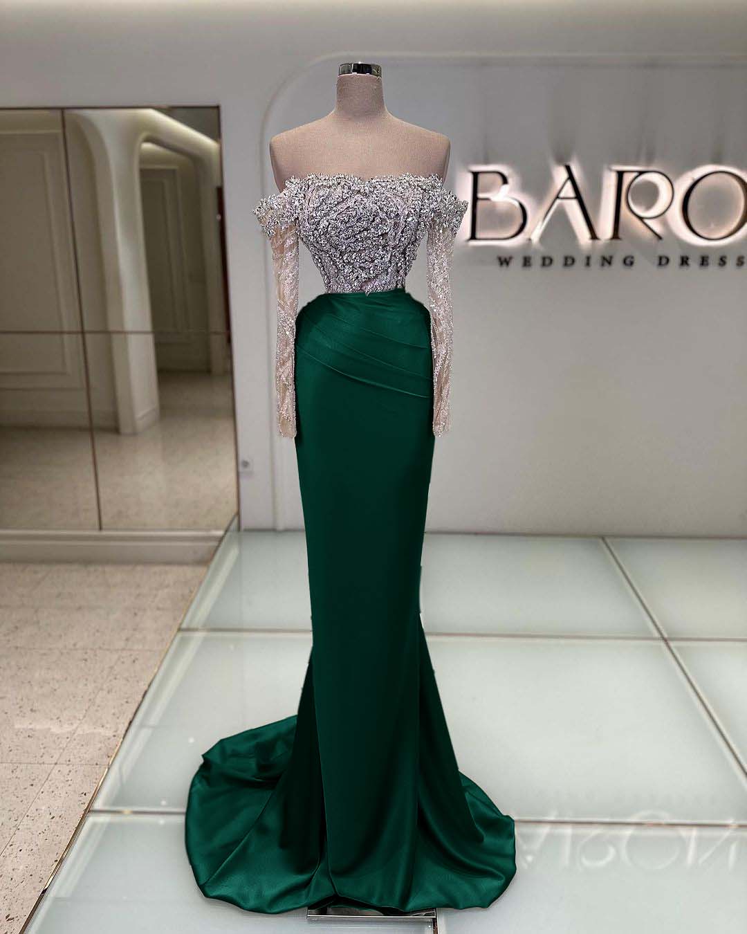 Off the Shoulder Long Sleeves Long Mermaid Prom Dress With Beading BMBRIDE