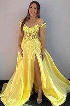 Off the Shoulder Sleeveless Long Split Prom Dress With Appliques