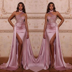 Mermaid Evening Dress with High Neck Split Beads and Ruffles BM bride