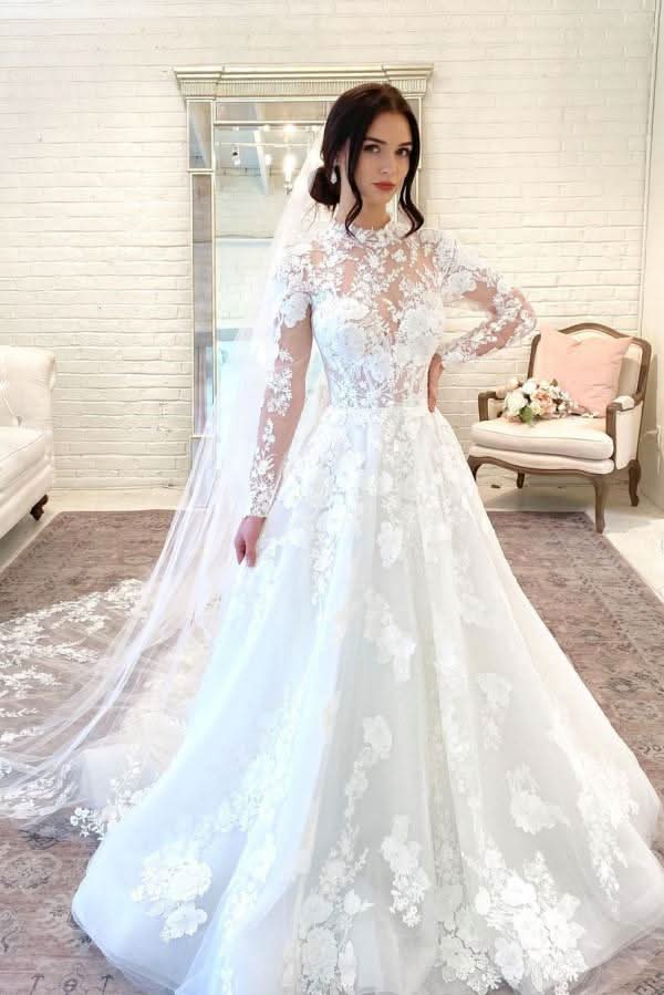 Long A-Line High Neck Open Back Wedding Dress with Lace Sleeves BM bride