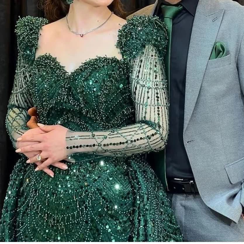 Elegant Green Applique Prom Dress, Long Sleeve Mermaid BM bride