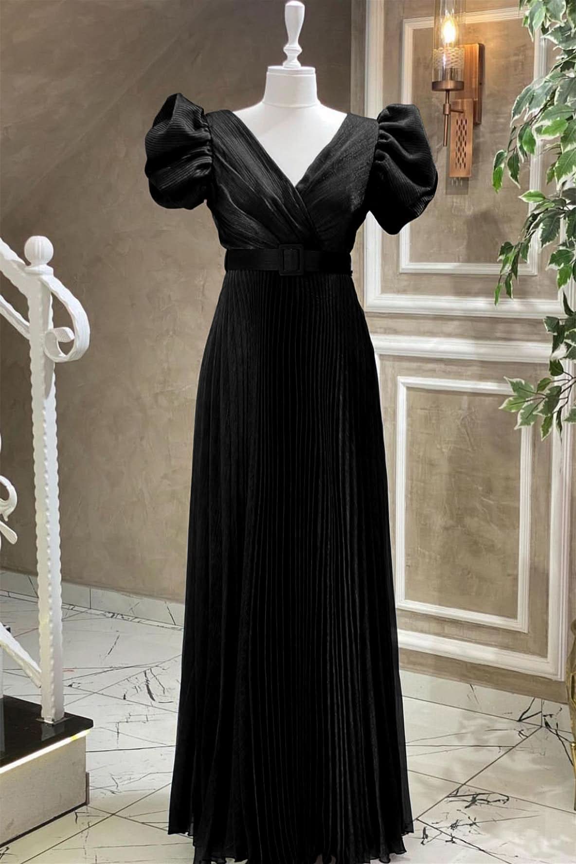 Royal Blue V-Neck Evening Dress with Short Sleeves and Belt Online BM bride