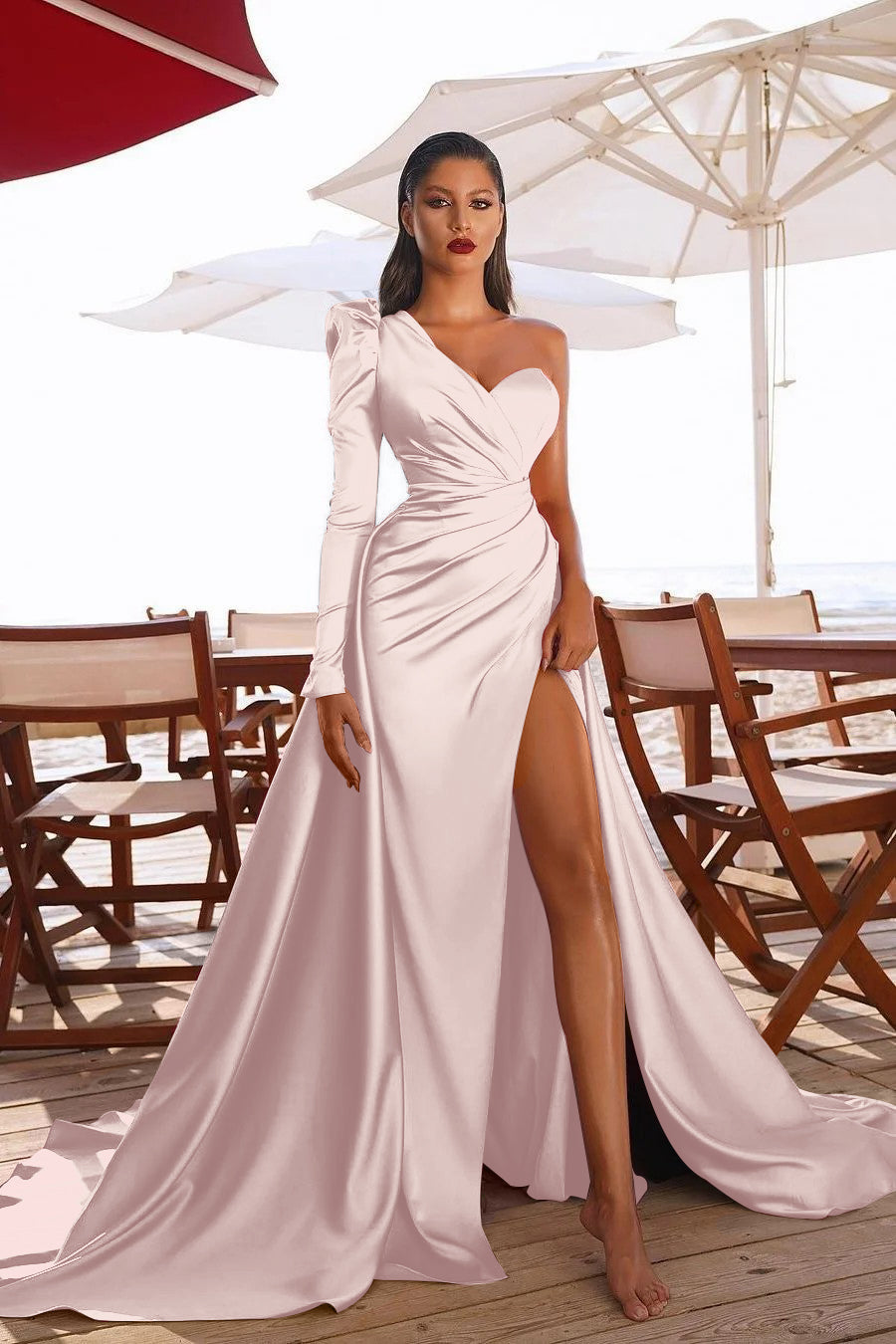 Glamorous One Shoulder Long Sleeve Long Pleated Prom Dress With High Split BMBRIDE