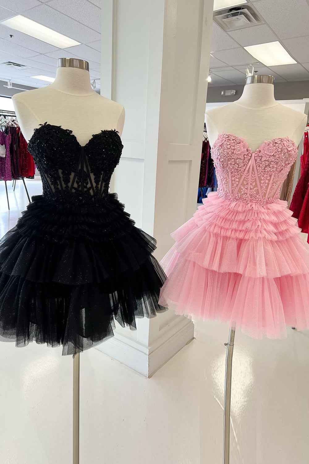 Sparkly Pink Corset Tiered Short A-Line Tulle Homecoming Dress with Lace Bmbride