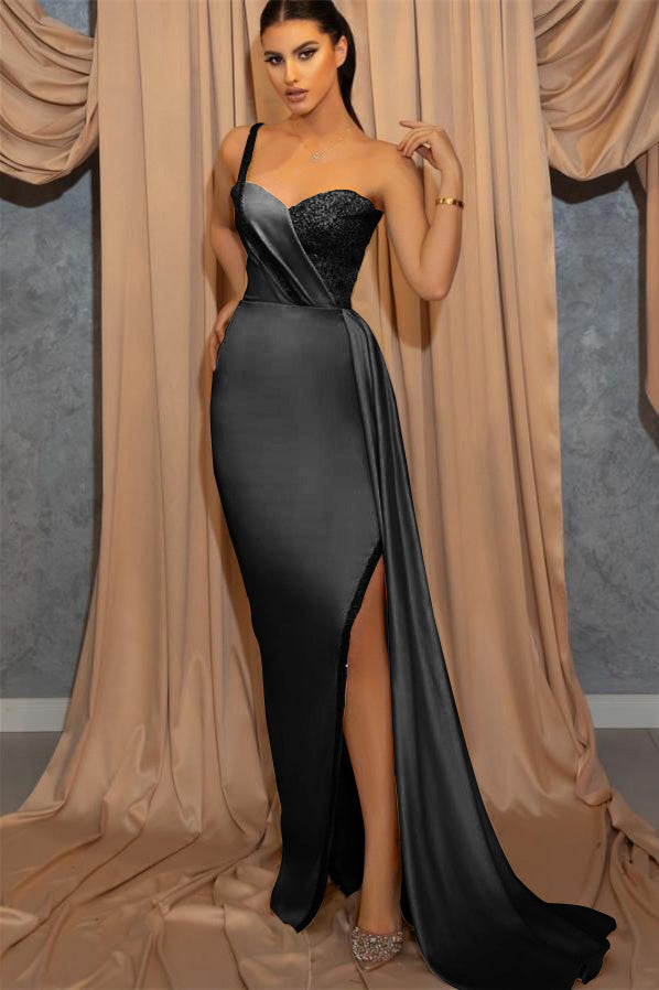 Sky Blue One-Shoulder Spaghetti-Strap Sweetheart Mermaid Evening Dress with Sequins Split BM bride