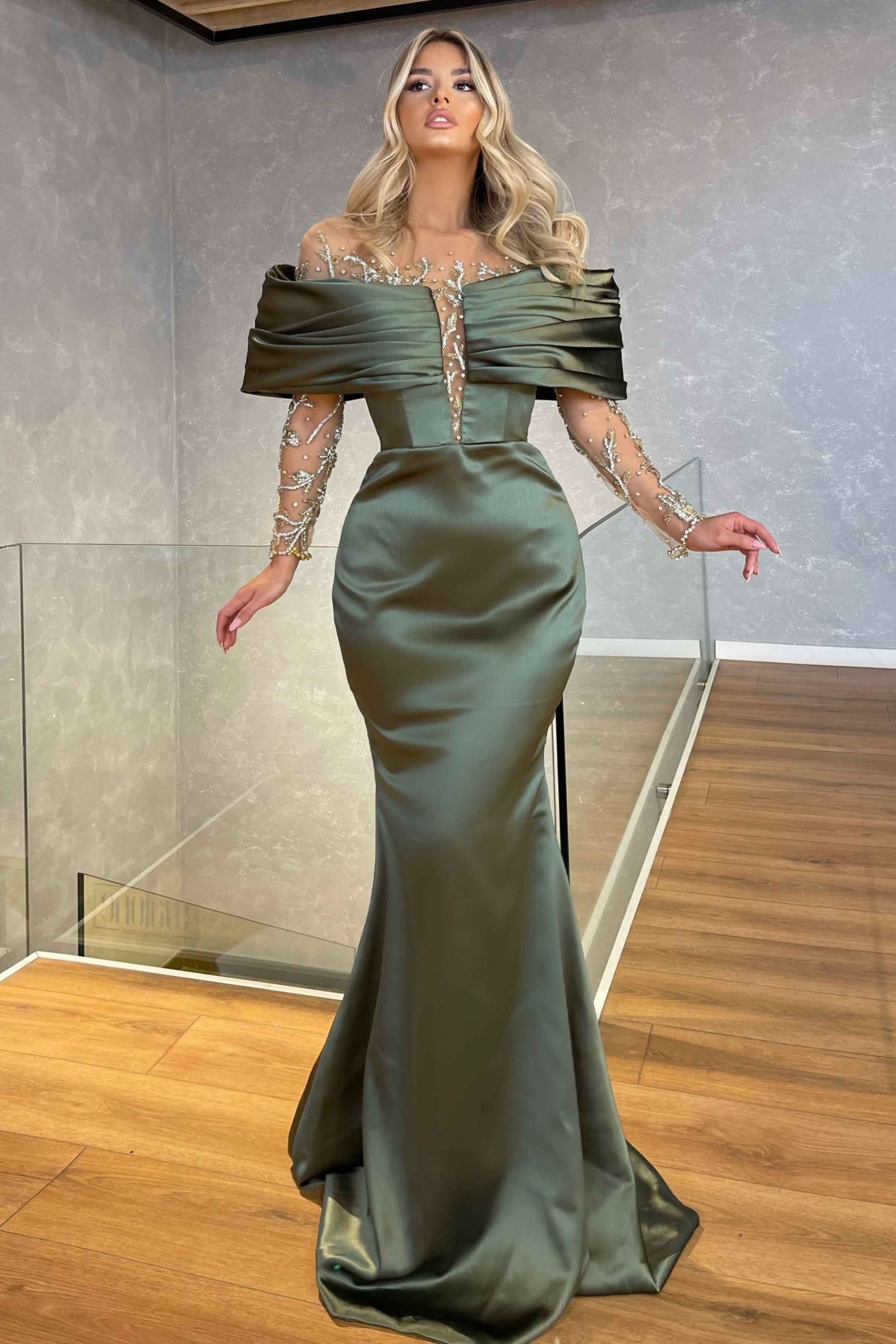 Green Off-the-Shoulder Long Sleeves Prom Dress with Beadings BM bride