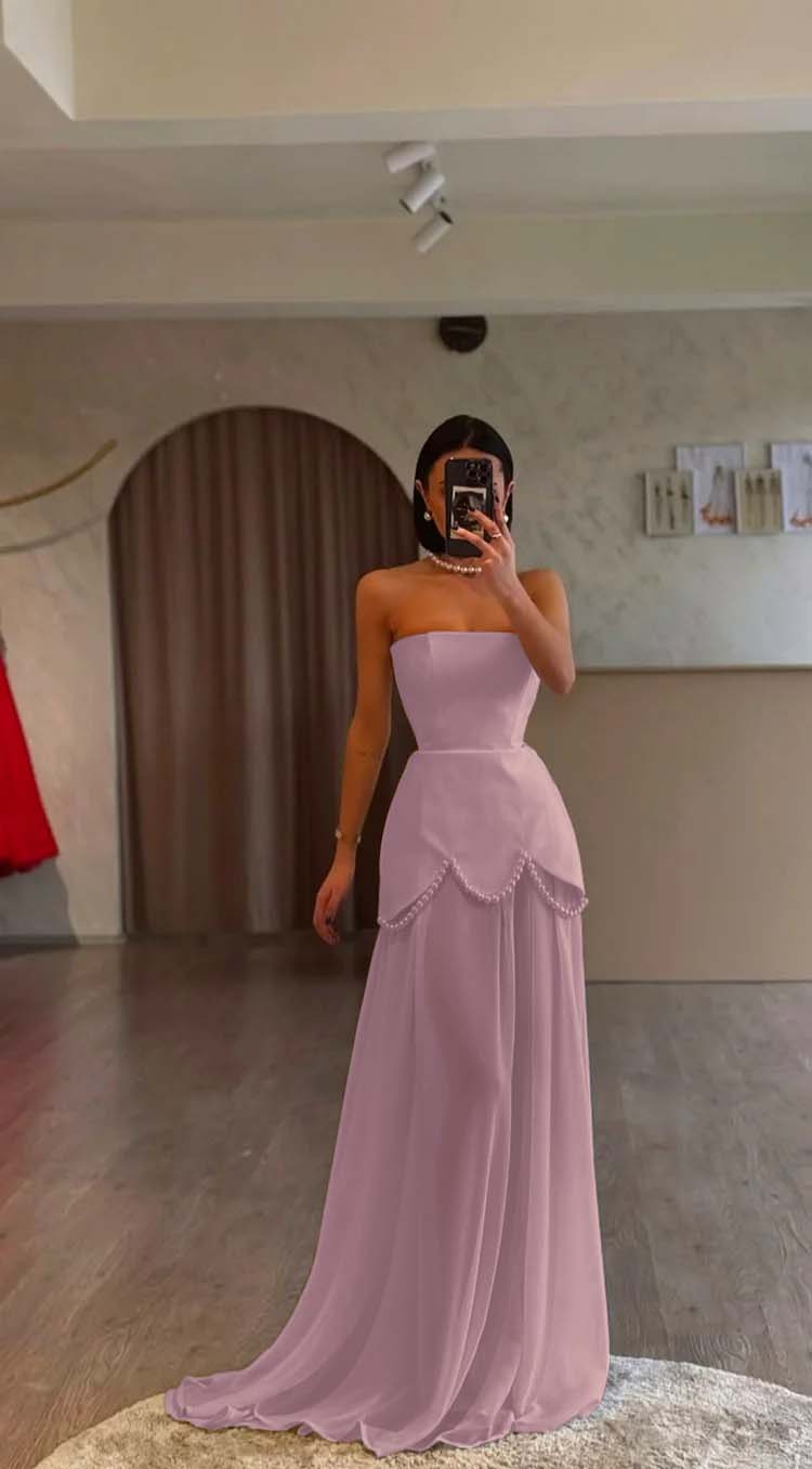 White Strapless Sleeveless Long Prom Dress With Pleated Beading BMBRIDE