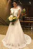 Long A-line Open Back Wedding Dress With V-neck Lace Tulle BM bride